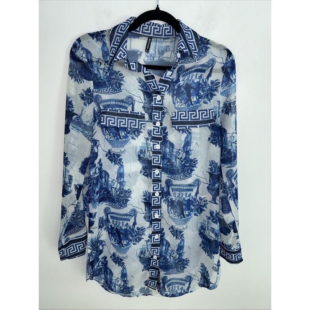 PrettyLittleThing‎ Women's Blue White Beach Shirt Cover-Up Button Down Sheer